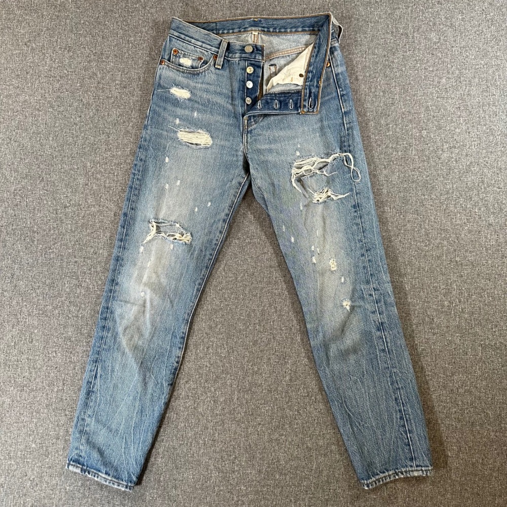Levi's Jeans Womens 26 501 Taper Blue Distressed Ripped Button Fly